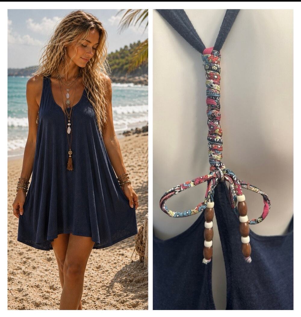 Lucky Brand Navy Blue Swim Coverup Dress Medium Beaded Racerback Beach Boho
